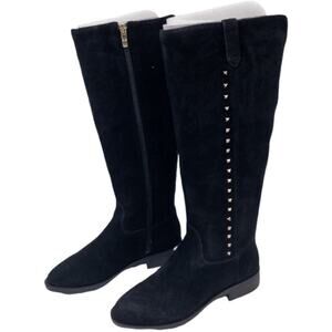 Marc Fisher Black Secrit Suede Tall  Studded Wide Calf Heeled Boots Women's